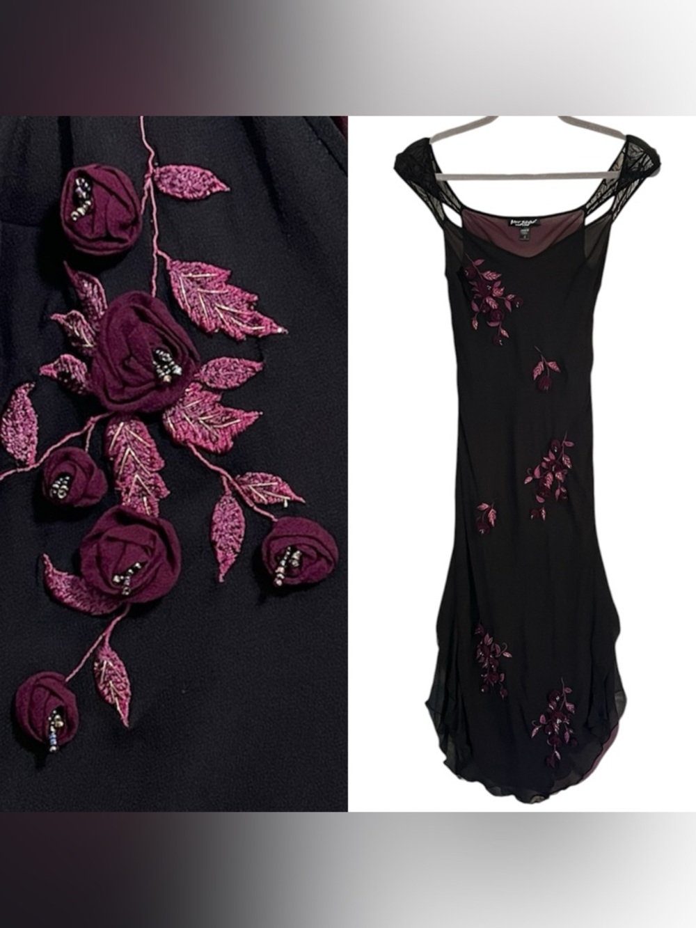 Vintage Betsey Johnson New York Silk Sheer Mesh Floral Bead Embroider Slip Dress